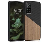 kwmobile Cover Compatibile con Xiaomi Mi 10T / Mi 10T PRO - Custodia in Fibra di Carbonio e Legno - Bumper Anti Urto - Back Protection Marrone Scuro