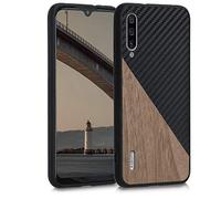 kwmobile Cover Compatibile con Xiaomi Mi A3 / CC9e - Custodia in Fibra di Carbonio e Legno - Bumper Anti Urto - Back Protection Marrone Scuro/Nero