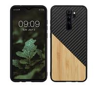 kwmobile Cover Compatibile con Xiaomi Redmi Note 8 Pro - Custodia in Fibra di Carbonio e Legno - Bumper Anti Urto - Back Protection marrone chiaro/nero