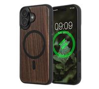 kwmobile Cover per Apple iPhone 16 Cover Legno - Custodia per Smartphone con Paraurti in TPU - Compatibile con MagSafe - Marrone Scuro/Nero Legna