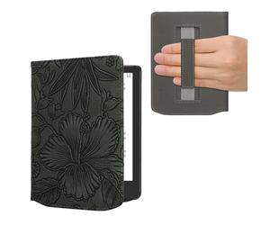 kwmobile Custodia Cinturino Mano Compatibile con PocketbookVerse/Verse Lite/Pro/Color/Vivlio Light HD Cover - eBook Reader Case - Cover eReader Simil Pelle Fiori in Rilievo Verde