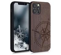 kwmobile Custodia Compatibile con Apple iPhone 12 / iPhone 12 Pro Cover - Back Case in Legno con Bumper in Silicone TPU - Bussola vintage marrone scuro