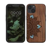 kwmobile Custodia Compatibile con Apple iPhone 13 Cover - Back Case in Legno con Bumper in Silicone TPU - Sole Mandala Madreperla Marrone Scuro