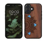 kwmobile Custodia Compatibile con Apple iPhone 16 Cover - Back Case in Legno con Bumper in Silicone TPU - Sole Mandala Madreperla Marrone Scuro