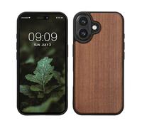 kwmobile Custodia Compatibile con Apple iPhone 16 Cover - Protezione in Legno per Smartphone - Back Case con Bumper in Silicone TPU - Marrone Scuro