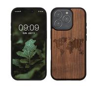 kwmobile Custodia Compatibile con Apple iPhone 16 PRO Cover - Back Case in Legno con Bumper in Silicone TPU - Sagoma Mondo Marrone Scuro