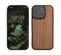 kwmobile Custodia Compatibile con Apple iPhone 16 PRO Cover - Protezione in Legno per Smartphone - Back Case con Bumper in Silicone TPU - Marrone Scuro