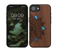 kwmobile Custodia Compatibile con Apple iPhone 17e / iPhone 16e Cover - Back Case in Legno con Bumper in Silicone TPU - Sole Mandala Madreperla Marrone Scuro