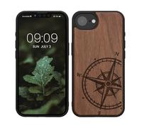 kwmobile Custodia Compatibile con Apple iPhone 17e / iPhone 16e Cover - Back Case in Legno con Bumper in Silicone TPU - Bussola Vintage Marrone Scuro