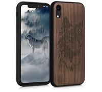 kwmobile Custodia Compatibile con Apple iPhone XR Cover - Back Case in Legno con Bumper in Silicone TPU - Wolf Wood Marrone/Marrone Scuro