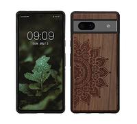 kwmobile Custodia Compatibile con Google Pixel 7a Cover - Back Case in Legno con Bumper in Silicone TPU - Sole Marrone Scuro