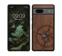 kwmobile Custodia Compatibile con Google Pixel 7a Cover - Back Case in Legno con Bumper in Silicone TPU - Bussola Vintage Madreperla Marrone Scuro