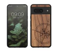 kwmobile Custodia Compatibile con Google Pixel 8 Cover - Back Case in Legno con Bumper in Silicone TPU - Bussola Vintage Marrone Scuro
