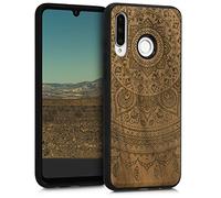 kwmobile Custodia Compatibile con Huawei P30 Lite Cover - Back Case in Legno con Bumper in Silicone TPU - Sole Indiano Marrone Scuro