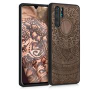 kwmobile Custodia Compatibile con Huawei P30 PRO Cover - Back Case in Legno con Bumper in Silicone TPU - Sole Indiano Marrone Scuro