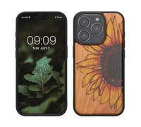 kwmobile Custodia Compatibile con iPhone 15 PRO Cover - Back Case in Legno con Bumper in Silicone TPU - Sunflower Giallo/Marrone Scuro/Marrone Chiaro