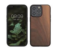 kwmobile Custodia Compatibile con iPhone 15 PRO Max Cover - Protezione in Legno per Smartphone - Back Case con Bumper in Silicone TPU - Marrone Scuro