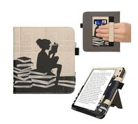kwmobile Custodia Compatibile con Kobo Libra Colour - Case Custodia Ecopelle Cover con Chiusura Magnetica Autosleep - Ragazza e Libri Nero/Beige