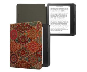 kwmobile Custodia Compatibile con Kobo Libra Colour - Cover a Libro per eReader - Flip Case Protezione in Sughero - Maioliche Marocchine Fucsia/Rosso/Blu
