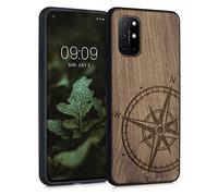 kwmobile Custodia Compatibile con OnePlus 8T Cover - Back Case in Legno con Bumper in Silicone TPU - Bussola vintage marrone scuro