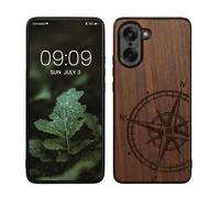 kwmobile Custodia Compatibile con OnePlus Nord CE5 Cover - Back Case in Legno con Bumper in Silicone TPU - Bussola Vintage Marrone Scuro