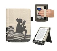 kwmobile Custodia Compatibile con Pocketbook Verse/PRO/Color/Vivlio Light - Case Custodia Ecopelle Cover con Chiusura Magnetica Autosleep - Ragazza e Libri Nero/Beige