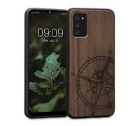 kwmobile Custodia Compatibile con Samsung Galaxy A03s Cover - Back Case in Legno con Bumper in Silicone TPU - Bussola Vintage Marrone Scuro