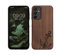 kwmobile Custodia Compatibile con Samsung Galaxy A15 5G Cover - Back Case in Legno con Bumper in Silicone TPU - Ancora Felice Marrone Scuro