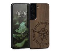 kwmobile Custodia Compatibile con Samsung Galaxy S22 Cover - Back Case in Legno con Bumper in Silicone TPU - Bussola Vintage Marrone Scuro