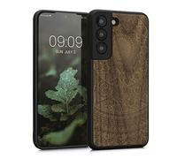 kwmobile Custodia Compatibile con Samsung Galaxy S22 Cover - Back Case in Legno con Bumper in Silicone TPU - Sole Indiano Marrone Scuro