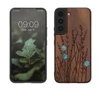 kwmobile Custodia Compatibile con Samsung Galaxy S22 Cover - Back Case in Legno con Bumper in Silicone TPU - Lavanda in Fiore Madreperla Marrone Scuro