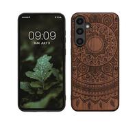 kwmobile Custodia Compatibile con Samsung Galaxy S23 Fe Cover - Back Case in Legno con Bumper in Silicone TPU - Sole Indiano Marrone Scuro