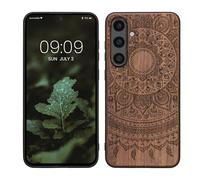kwmobile Custodia Compatibile con Samsung Galaxy S24 FE Cover - Back Case in Legno con Bumper in Silicone TPU - Sole indiano marrone scuro