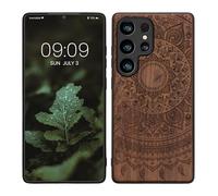 kwmobile Custodia Compatibile con Samsung Galaxy S25 Ultra Cover - Back Case in Legno con Bumper in Silicone TPU - Sole indiano marrone scuro