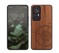 kwmobile Custodia Compatibile con Xiaomi 12T / 12T PRO Cover - Back Case in Legno con Bumper in Silicone TPU - Bussola Vintage Marrone Scuro