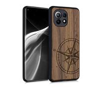 kwmobile Custodia Compatibile con Xiaomi Mi 11 Cover - Back Case in Legno con Bumper in Silicone TPU - Bussola Vintage Marrone Scuro