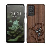 kwmobile Custodia Compatibile con Xiaomi Redmi Note 11 Pro/Note 11 Pro (5G) / Note 12 Pro (4G) Cover - Back Case in Legno con Bumper in Silicone TPU - Bussola Vintage Madreperla marrone scuro