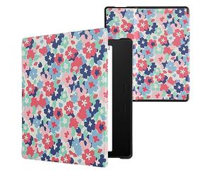 kwmobile Custodia eReader Compatibile con Amazon Kindle Oasis 10. Generation Cover - eBook Reader Flip Case - rosso/rosa antico/blu - Fiori Pastello