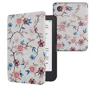 kwmobile Custodia eReader Compatibile con Kobo Clara 2E Cover - eBook Reader Flip Case - bianco/rosa/blu - Fiori e Foglioline