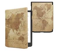kwmobile Custodia eReader Compatibile con Pocketbook InkPad 4/Color 3/2 / Vivlio InkPad 4/Color 3 Cover - eBook Reader Flip Case - marrone/marrone chiaro - Mappamondo vintage