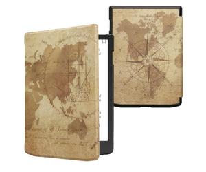 kwmobile Custodia eReader Compatibile con Pocketbook InkPad 4 / Color 3 / Color 2 Cover - eBook Reader Flip Case - marrone/marrone chiaro - Mappamondo vintage