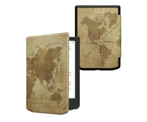 kwmobile Custodia eReader Compatibile con Pocketbook Verse/Pro/Color/Vivlio Light Cover - eBook Reader Flip Case - marrone/marrone chiaro - Mappamondo vintage