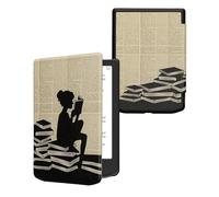 kwmobile Custodia eReader Compatibile con Pocketbook Verse/Verse Lite/Pro/Color/Vivlio Light HD Cover - eBook Reader Flip Case - nero/beige - Ragazza e Libri