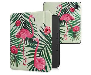 kwmobile Custodia eReader Compatibile con Tolino Vision 6 Cover - eBook Reader Flip Case - rosa/verde/verde chiaro - Fenicottero tra le palme