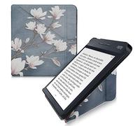 kwmobile Custodia protettiva in ecopelle per e-reader Kobo Libra H2O - Custodia a libro per e-reader in marrone grigio/bianco/grigio blu - Magnolie