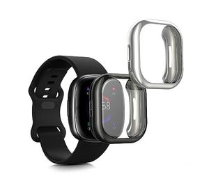 kwmobile Set 2x Custodia Smartwatch Compatibile con Fitbit Versa 4 / Sense 2 Cover - Case Silicone Protezione Orologio Fitness nero/argento