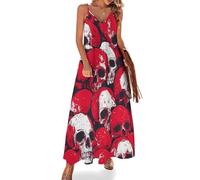 KWQDOZF Abito Lungo da Donna con Schizzi di Sangue e Teschi della Morte, Sexy, con Spalline Sottili, svolazzante, Lungo