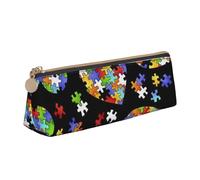 KWQDOZF Astuccio per la consapevolezza dell'autismo Pezzi del puzzle Cuore Triangolo Astuccio in pelle Astuccio per penne Astuccio per trucchi per donne Uomini Scuola Ufficio e viaggi