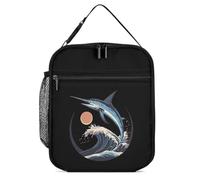 KWQDOZF Borsa porta pranzo portatile con motivo a pesce marlin che salta, onde dell'oceano al tramonto, riutilizzabile, a prova di perdite, isolata, per lavoro, spiaggia, picnic