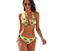 KWQDOZF Carino paperella Gialla con Occhiali Due Pezzi Bikini Set per Donna Scollo a V Costume da Bagno Triangolo Top Basso Vita